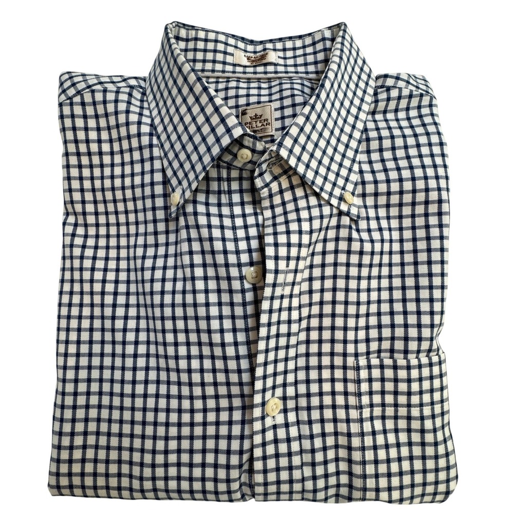 Peter Millar Button Down Mens XL Navy Check Nanoluxe Easy Care Long Sleeve Shirt